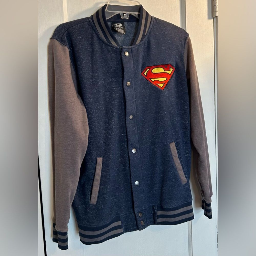 Men’s Superman DC Comic Varsity Jacket Size Small  Faded Blue Snap Up